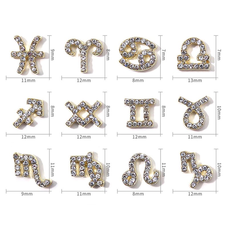 JERCLITY 48 Pieces Gold Silver Alloy Zodiac Nail Charms Zodiac Signs Nail Studs Constellation Words Charms for Nails Twelve Constellation Set for Women Girls - Image 3